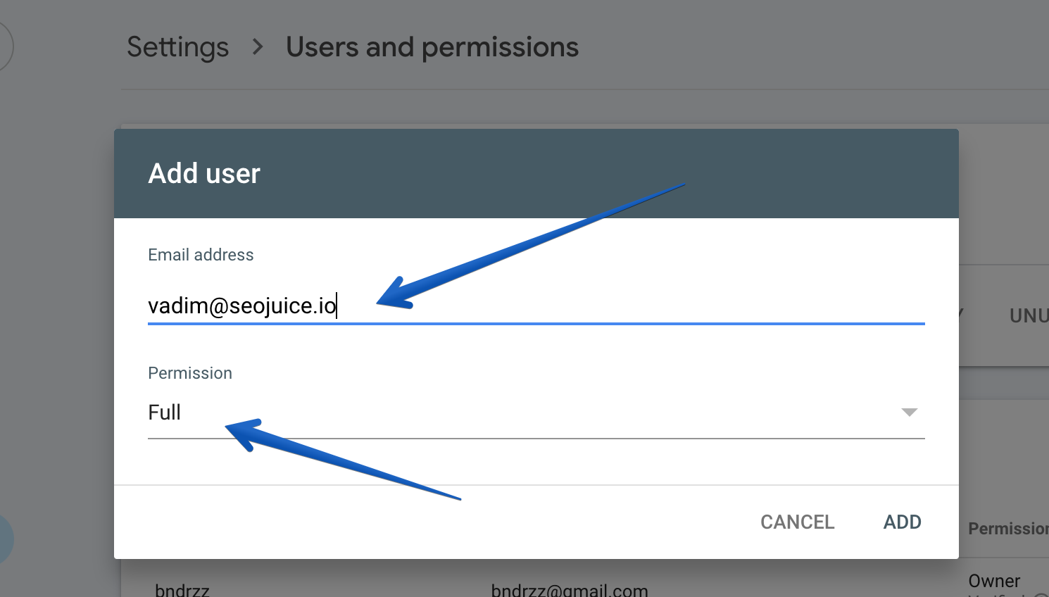 Google Search Console adding SEOJuice email with Full access