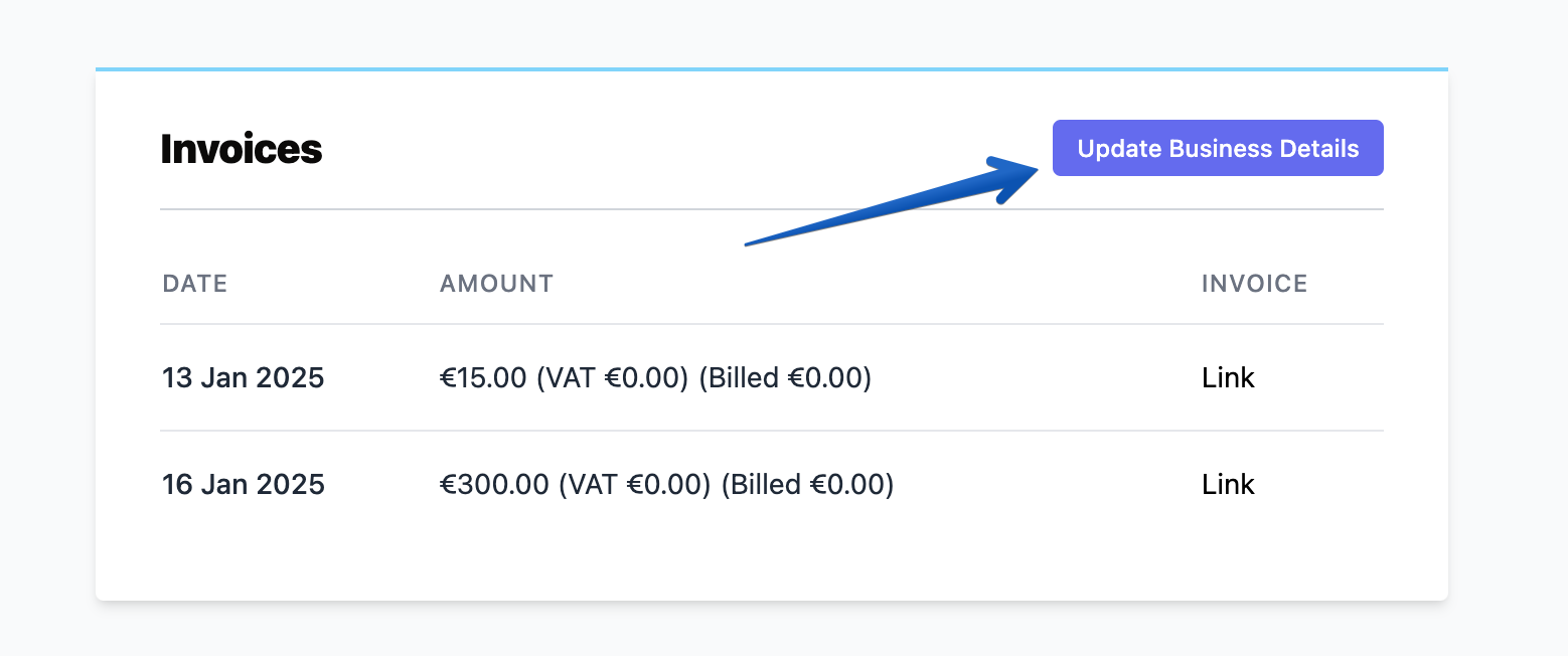 SEOJuice Invoices section with Update Business Details button