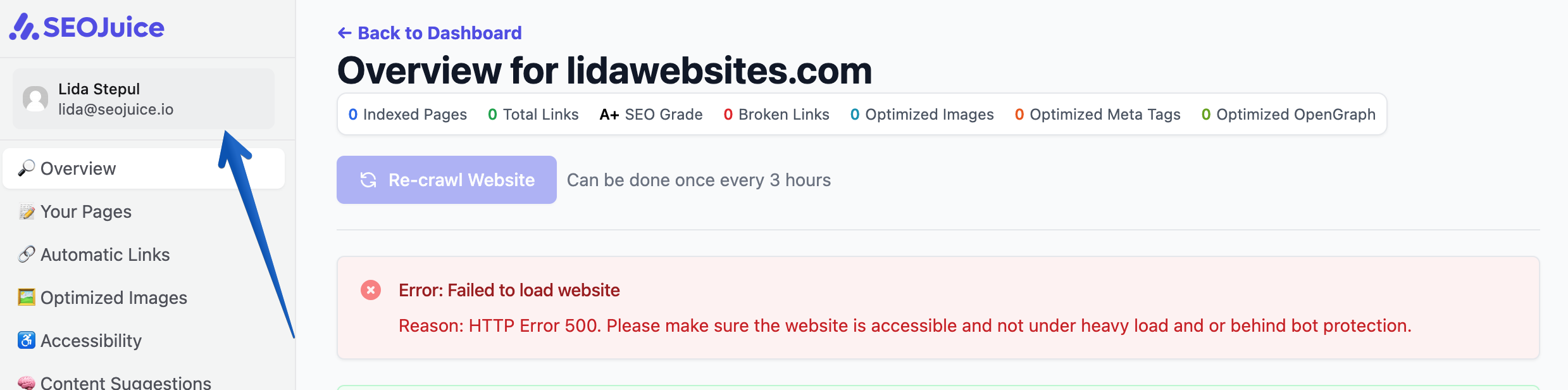 SEOJuice dashboard settings menu