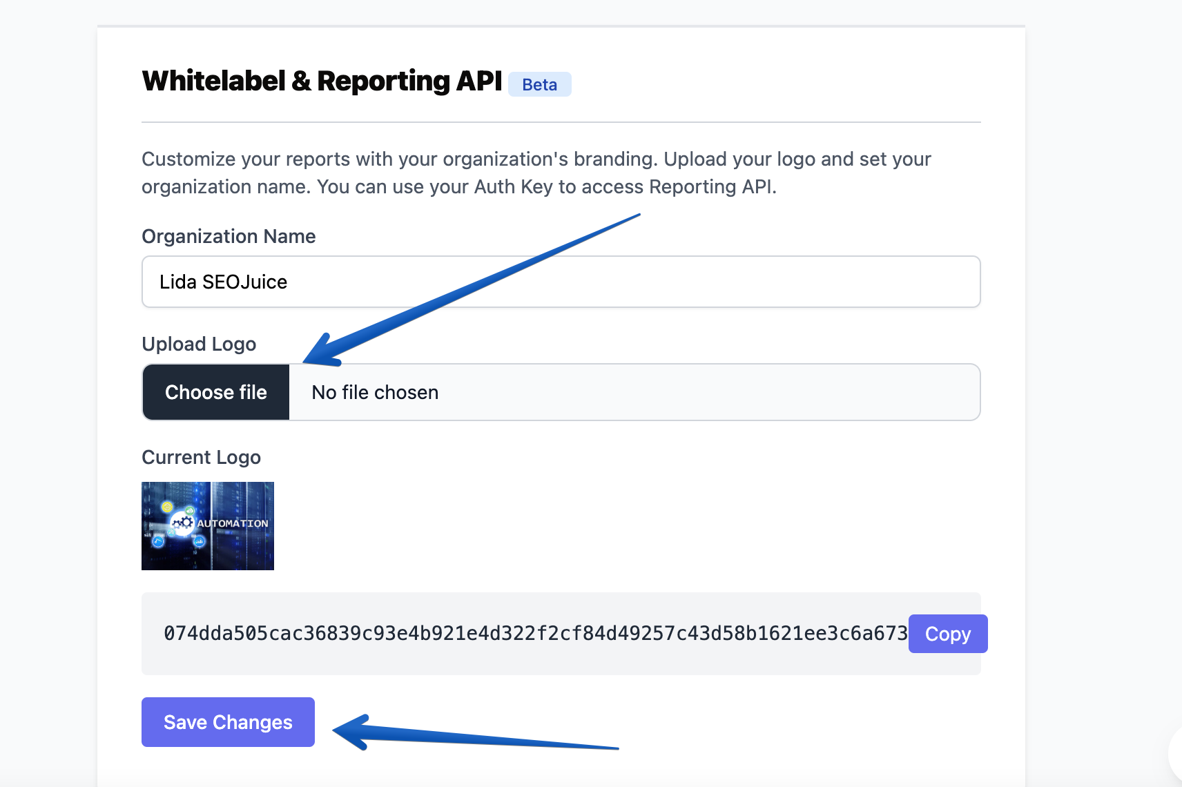 SEOJuice white-label branding settings with logo upload