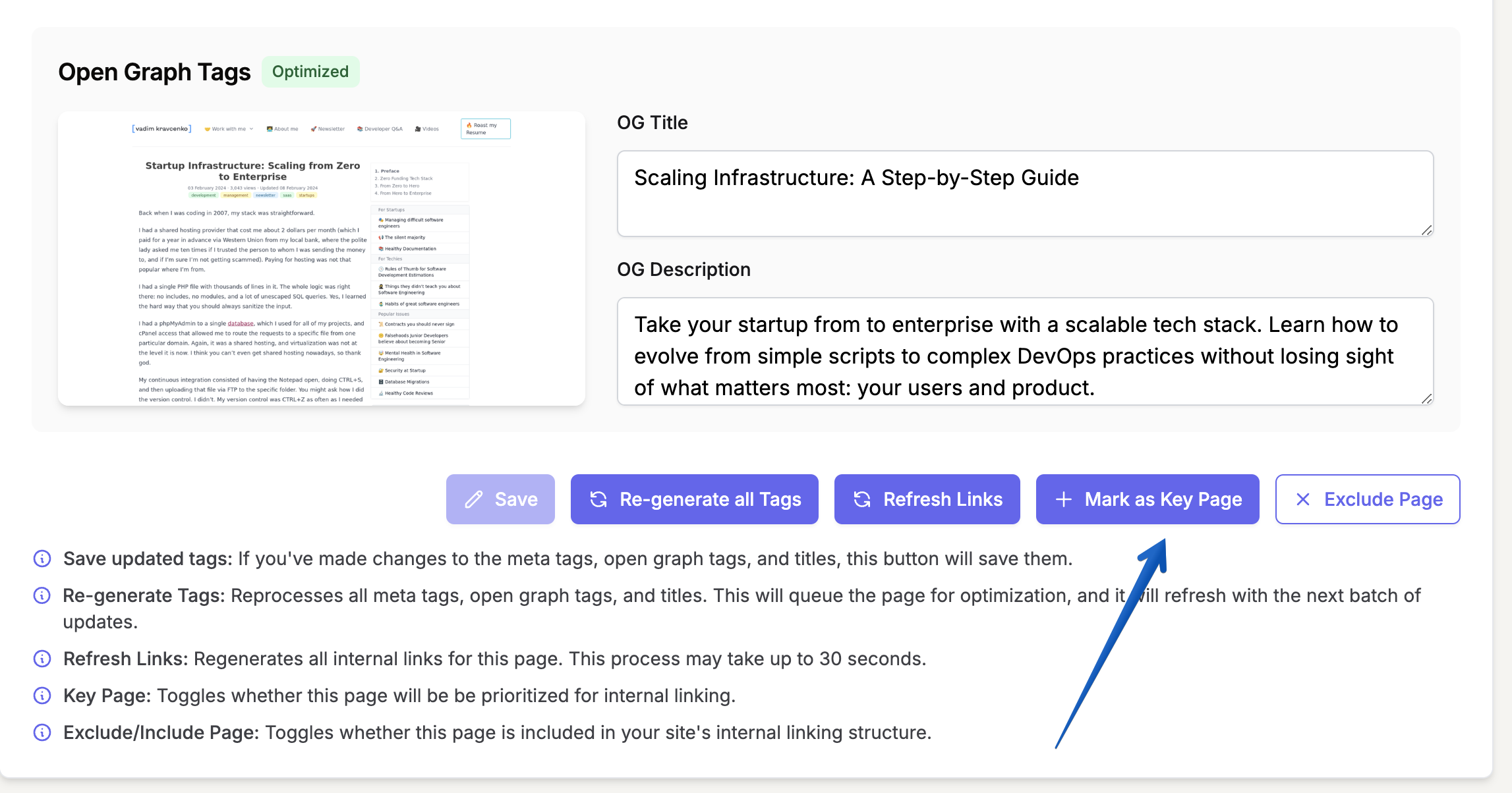 SEOJuice Mark as Key Page button