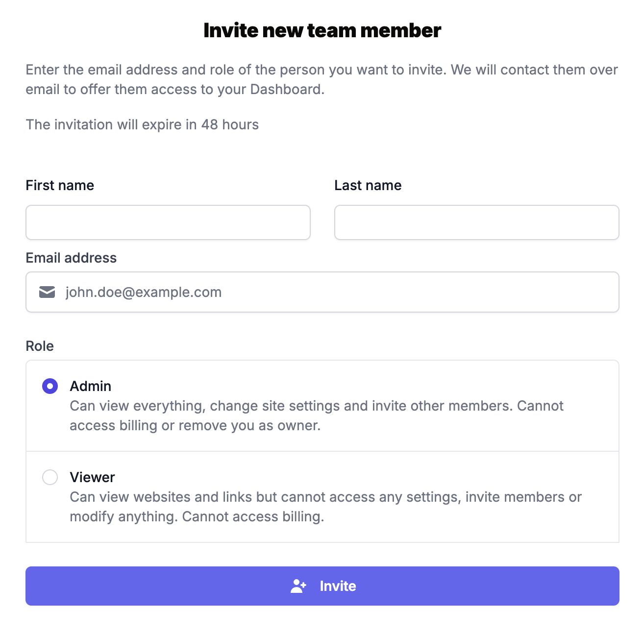 SEOJuice invite form with email entry and role selection