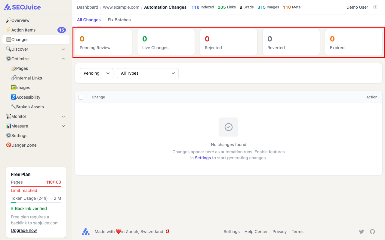 Changes page showing KPI cards for total optimizations, time saved, and value delivered