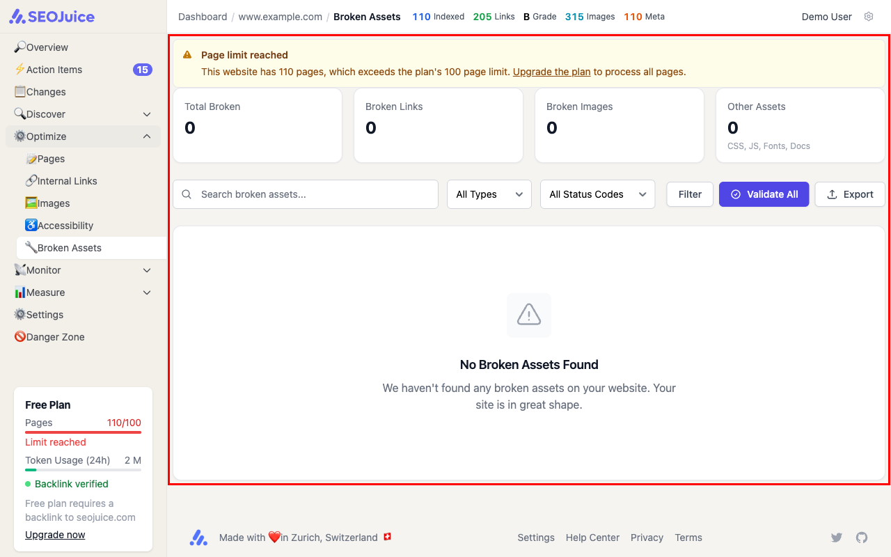 Broken Assets page showing KPI cards for total broken assets, 404 errors, and redirect chains