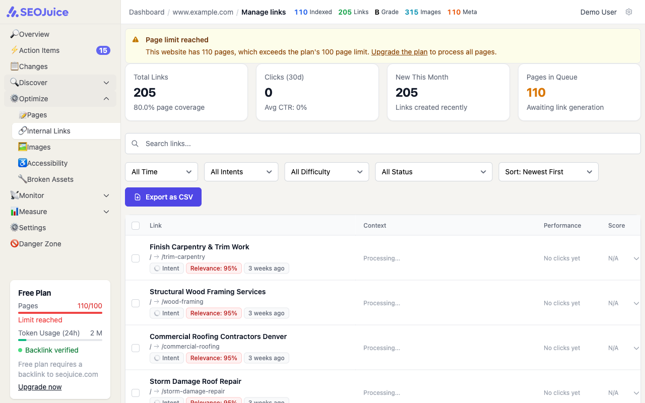 Internal Links page showing 205 links with columns for source page, anchor text, target page, status, and clicks