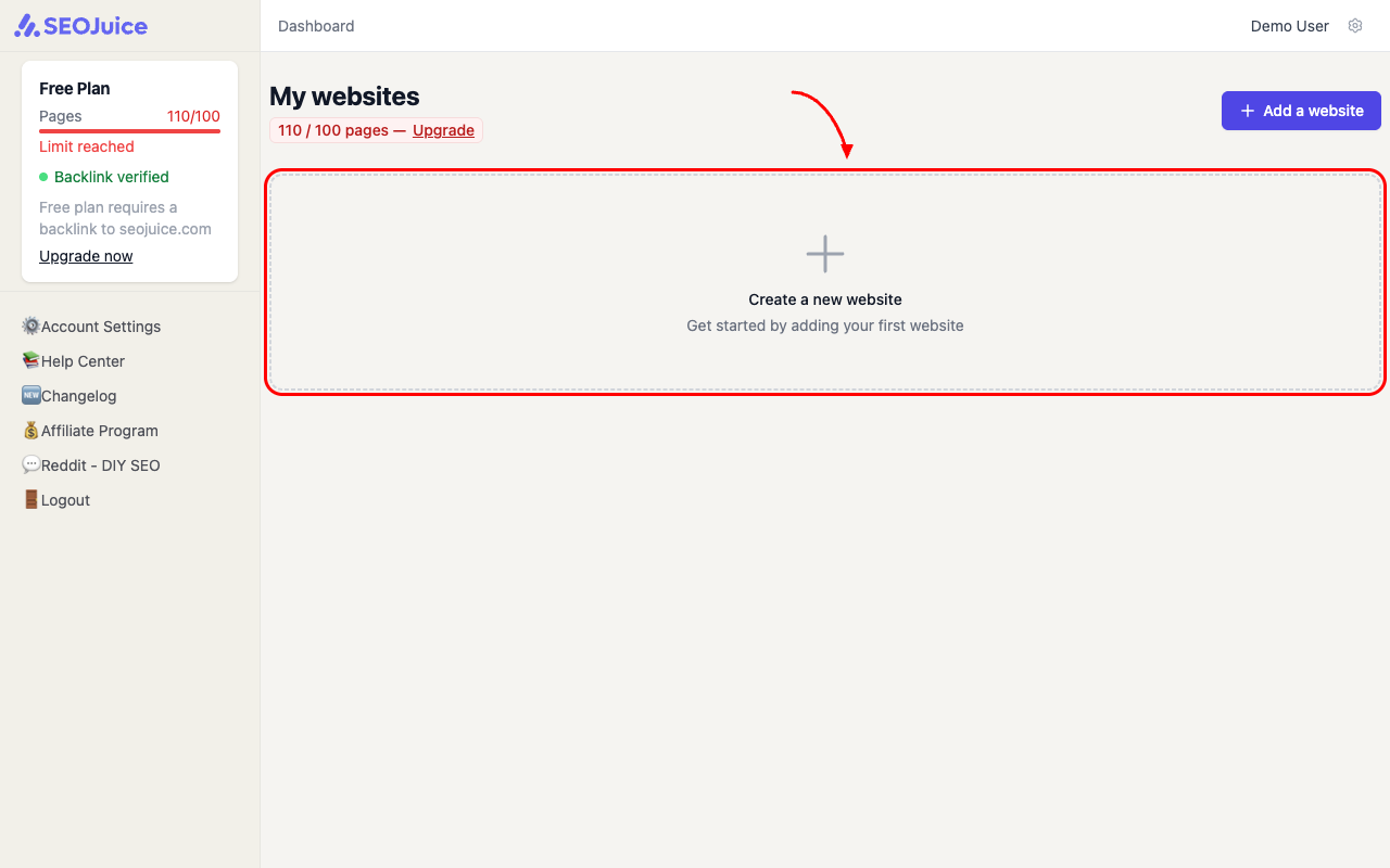 SEOJuice dashboard showing the Create a new website card with an arrow pointing to it