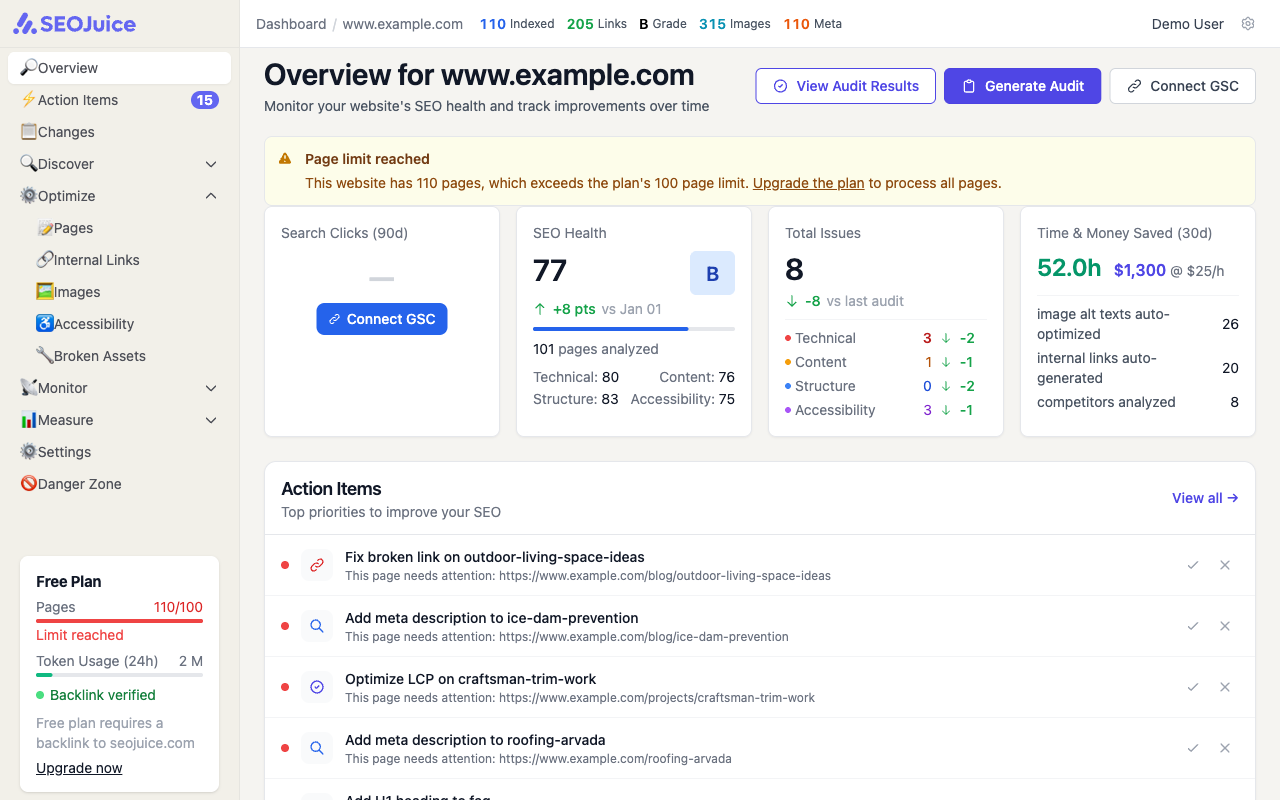 Completed dashboard overview showing SEO health score of 77, page count, issues, and action items