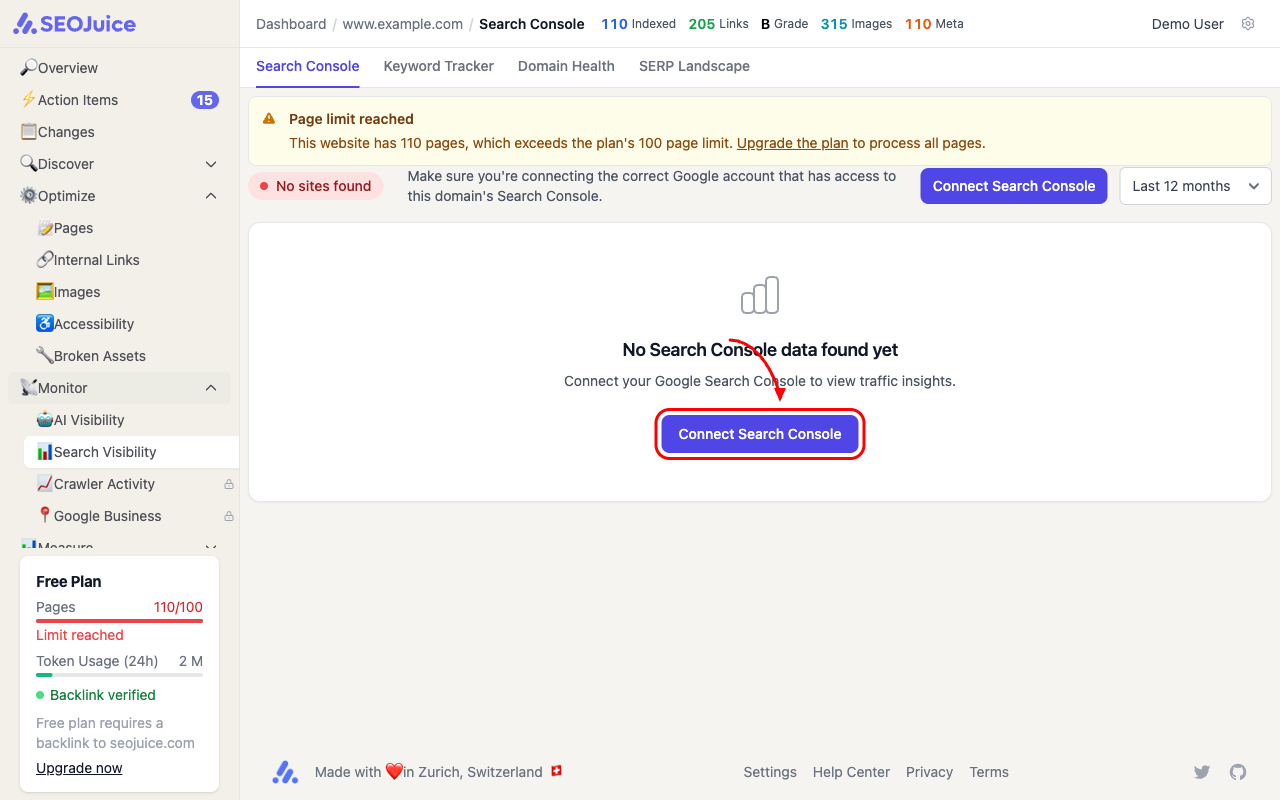 Search Console page showing the Connect Search Console button with an arrow pointing to it