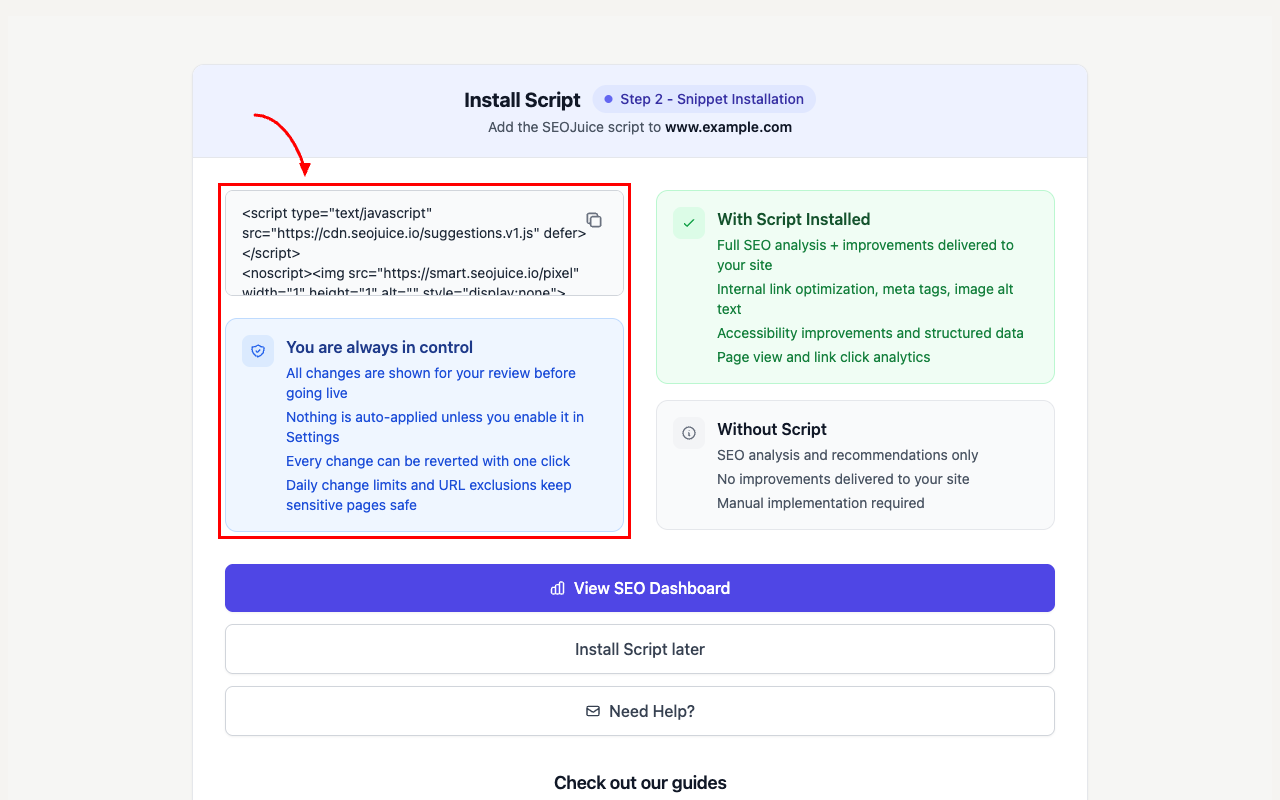 Snippet installation page showing the script tag code with copy button and control reassurance