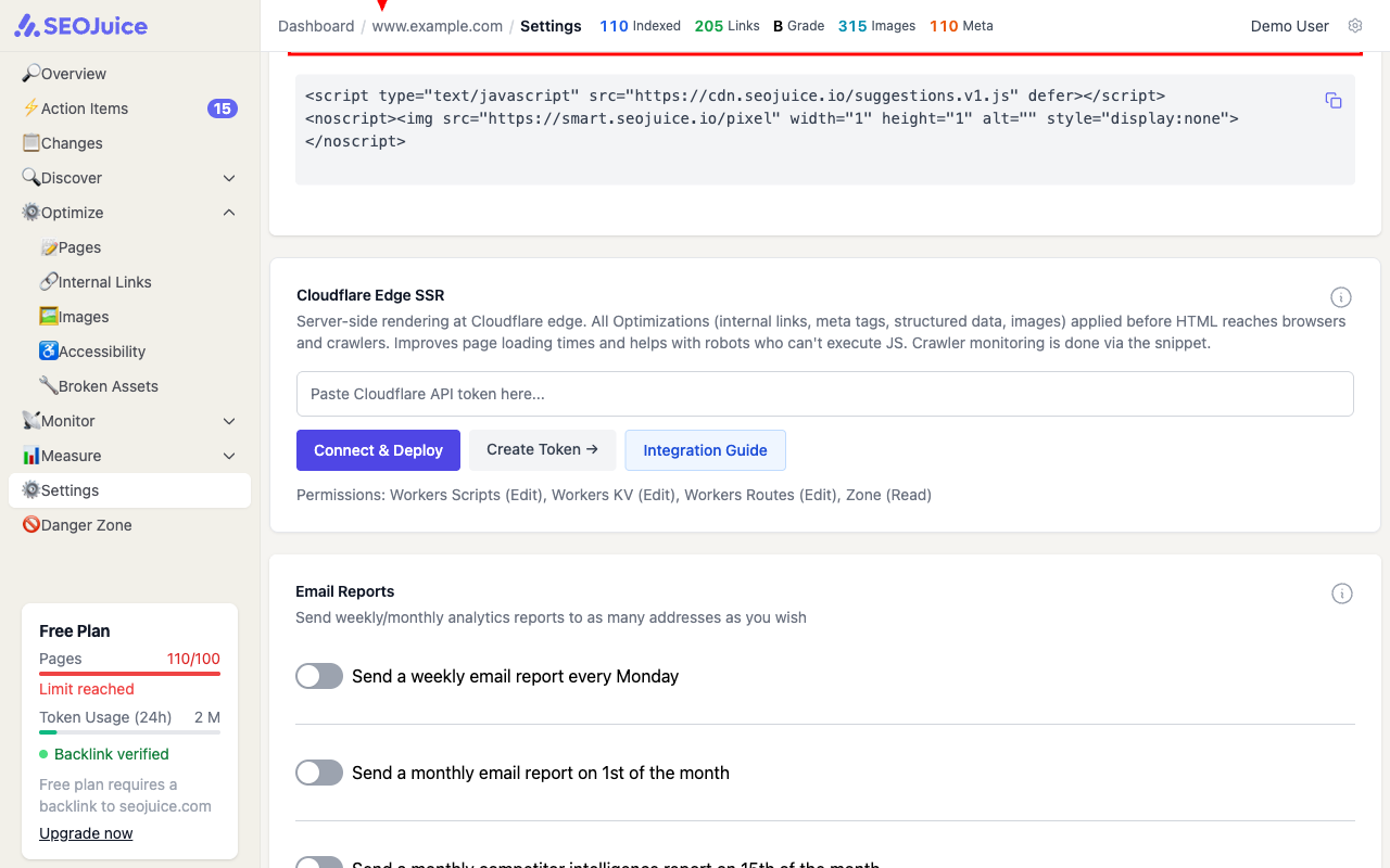 Settings page showing the snippet code block with copy button in the Simple Integration section