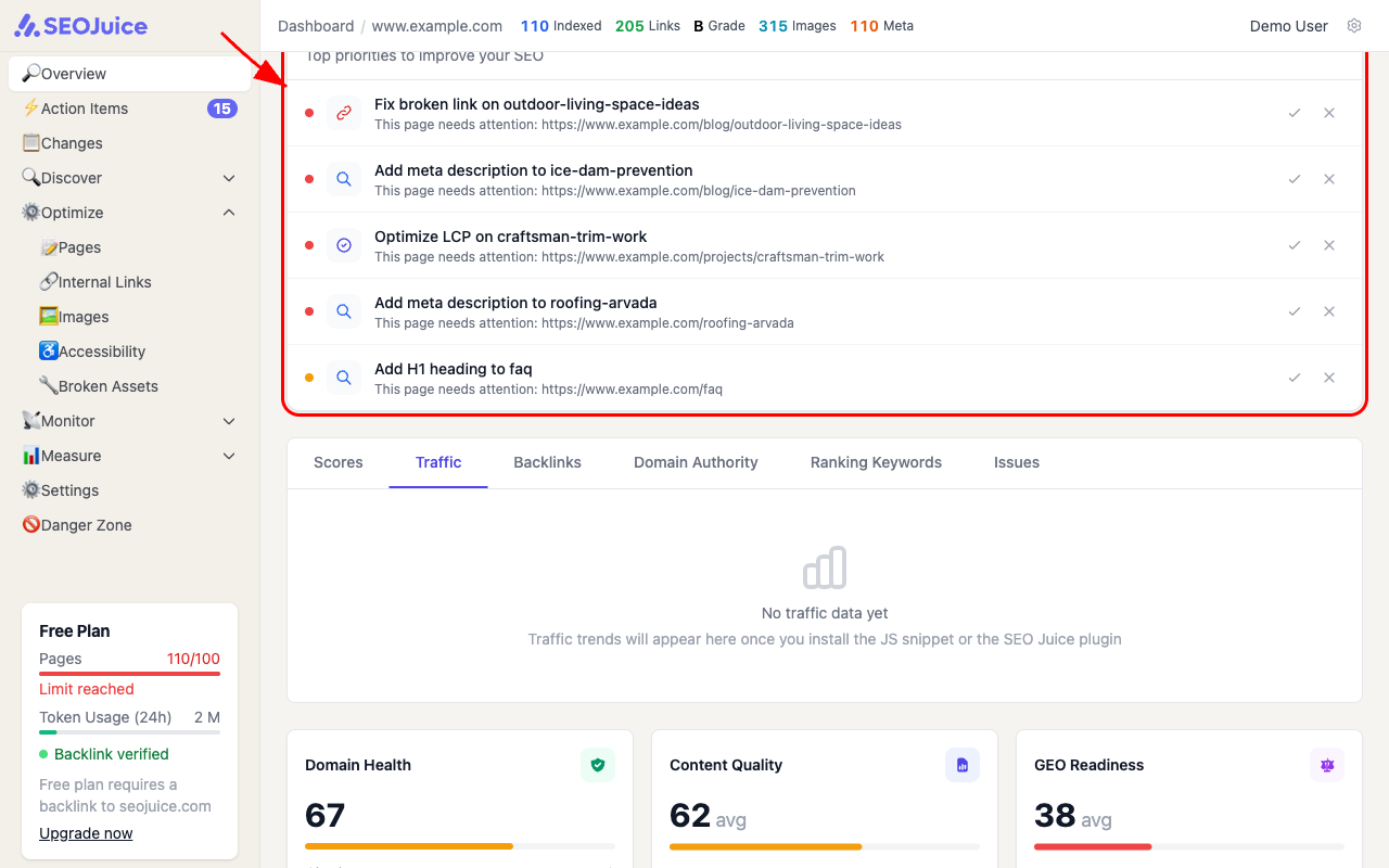 Action items list showing prioritized SEO issues like broken links, missing meta descriptions, and heading problems