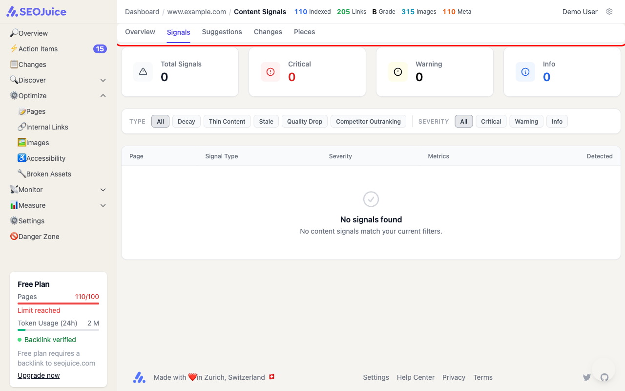 Content Signals page showing filter tabs for signal types including Decay, Thin Content, Stale, Quality Drop, and Competitor Outranking