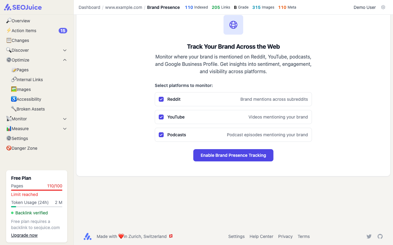 Brand Presence setup page showing platform selection for Reddit, YouTube, and Podcasts with Enable button