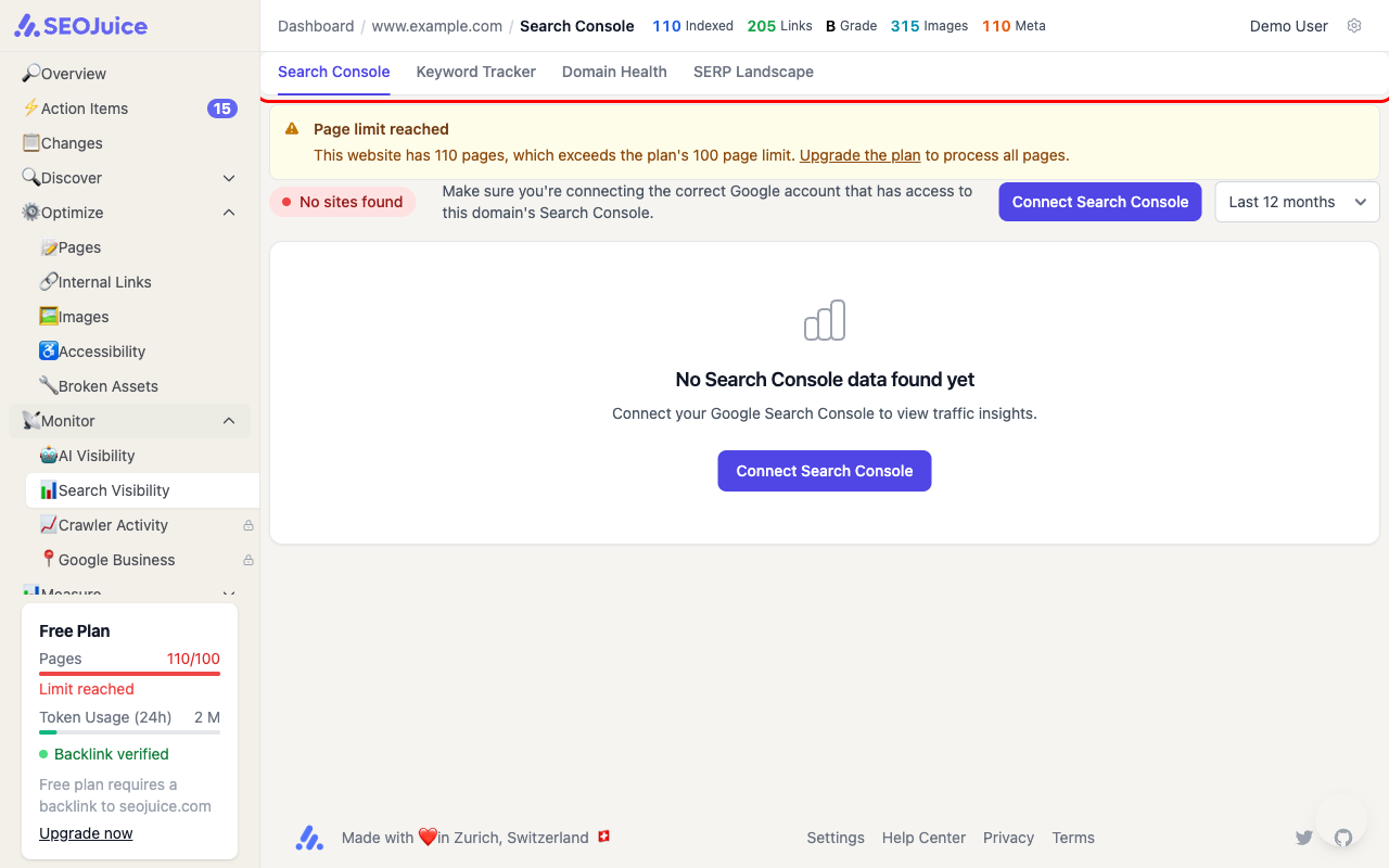 Search Console page showing connection status and keyword performance data