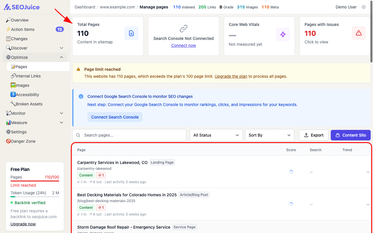 Pages list showing 110 pages with columns for page title, URL, content type, score, search data, and trend indicators