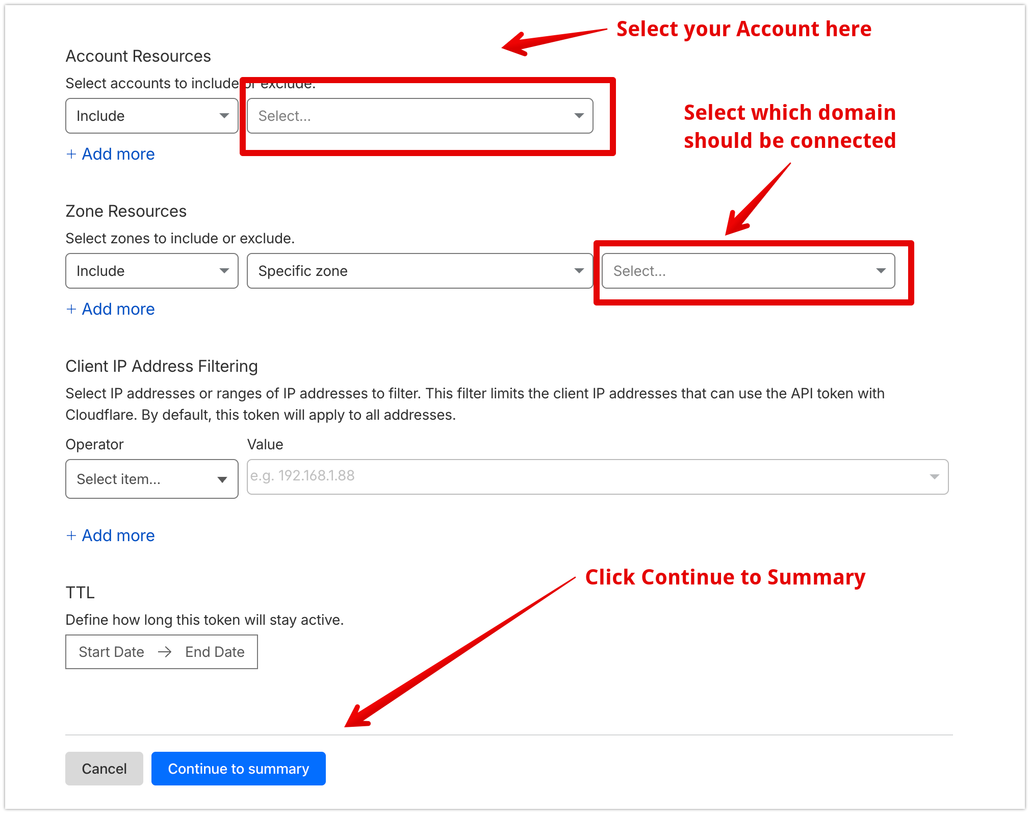 Cloudflare account and domain selection for token scope
