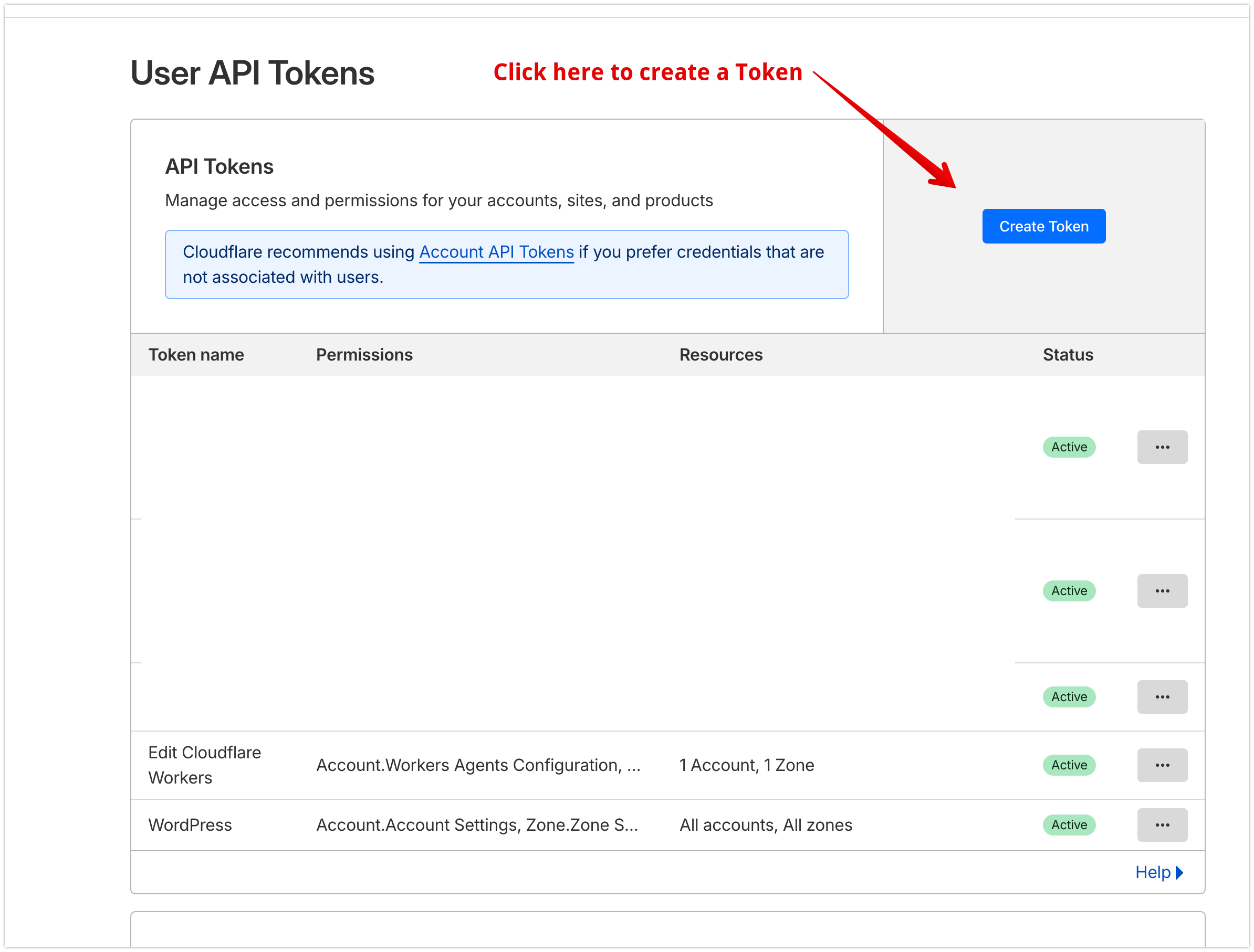 Cloudflare API Tokens dashboard with Create a Token button