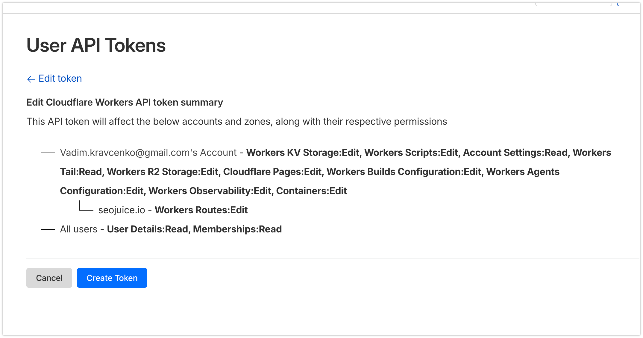Cloudflare token permissions summary page
