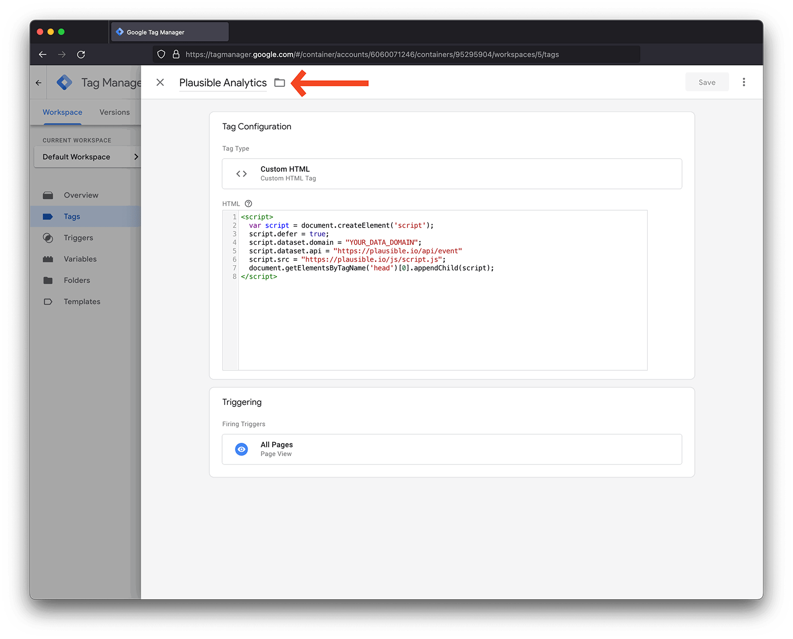 Google Tag Manager tag naming field