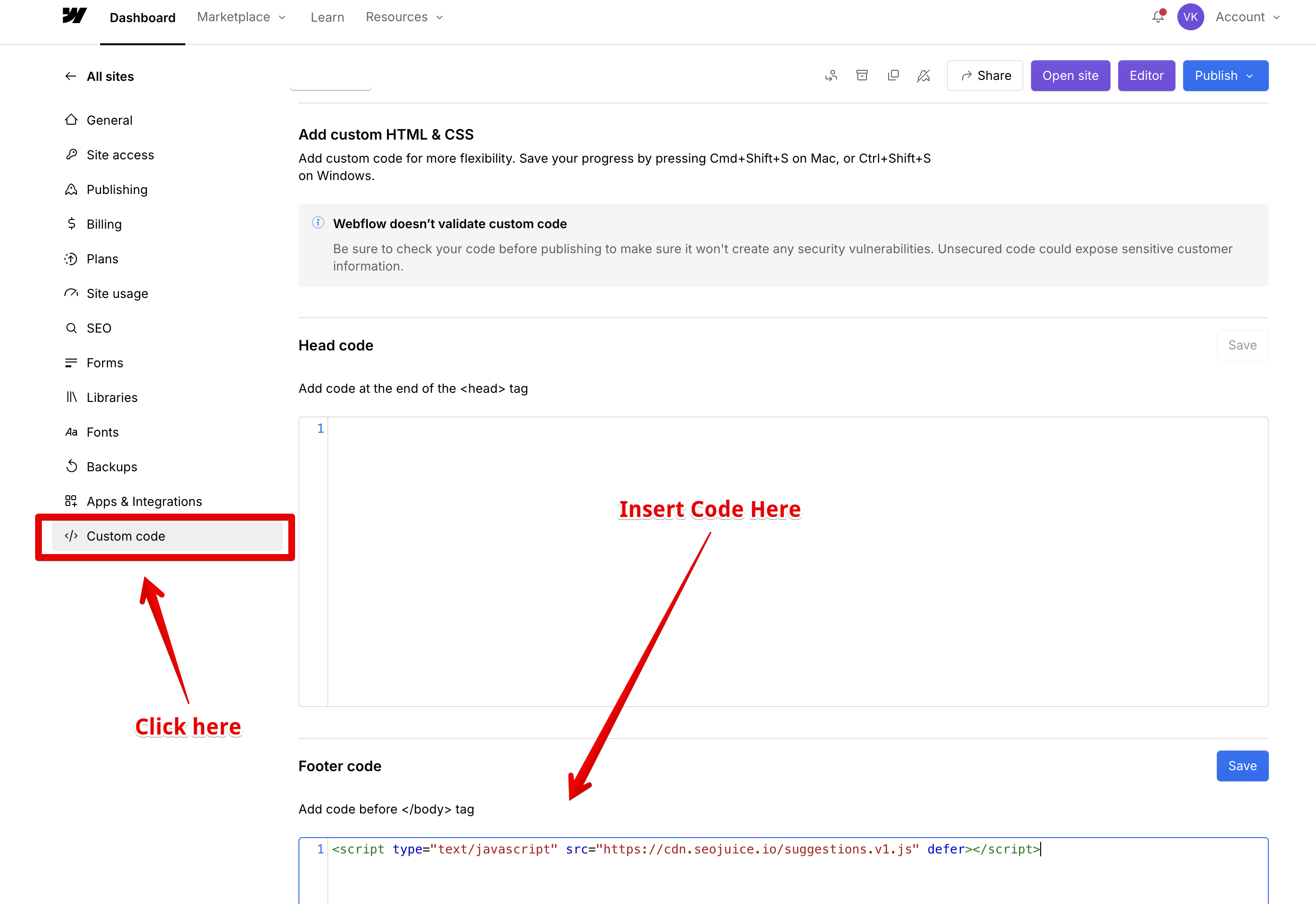 Webflow Page settings Custom code section with Before body tag field