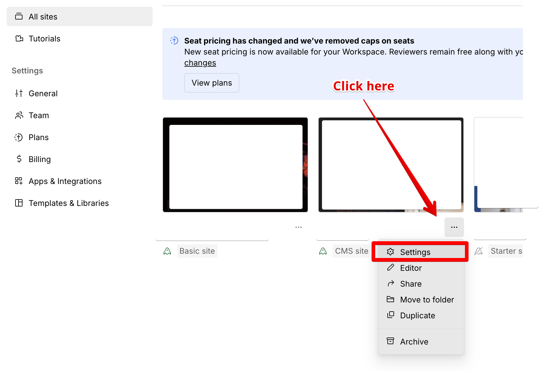 Webflow Sites dashboard showing Settings button