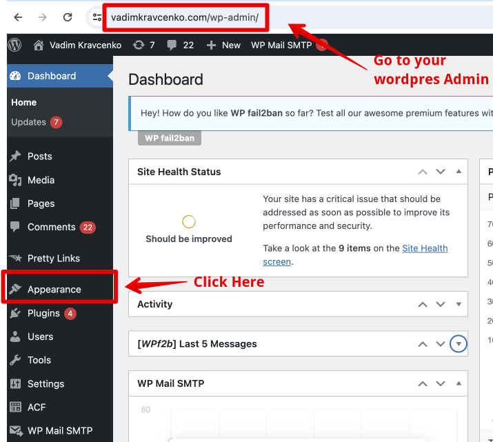 WordPress dashboard Appearance menu