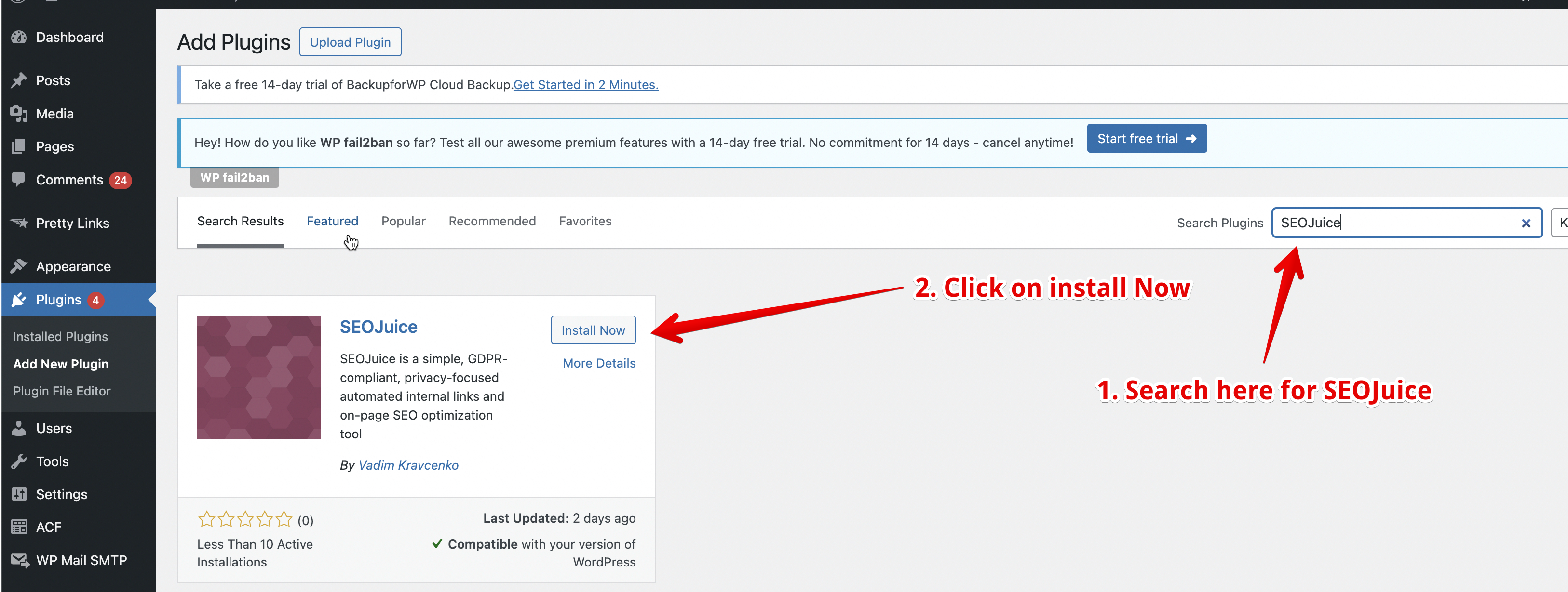 WordPress plugin search results showing SEOJuice plugin