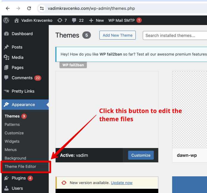 WordPress Themes page with Theme File Editor option
