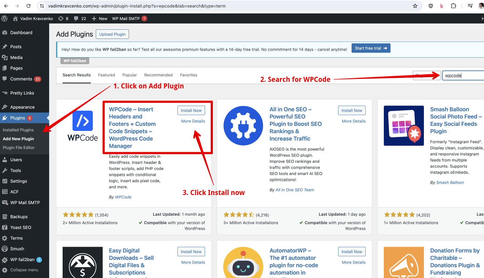 WPCode plugin installation in WordPress