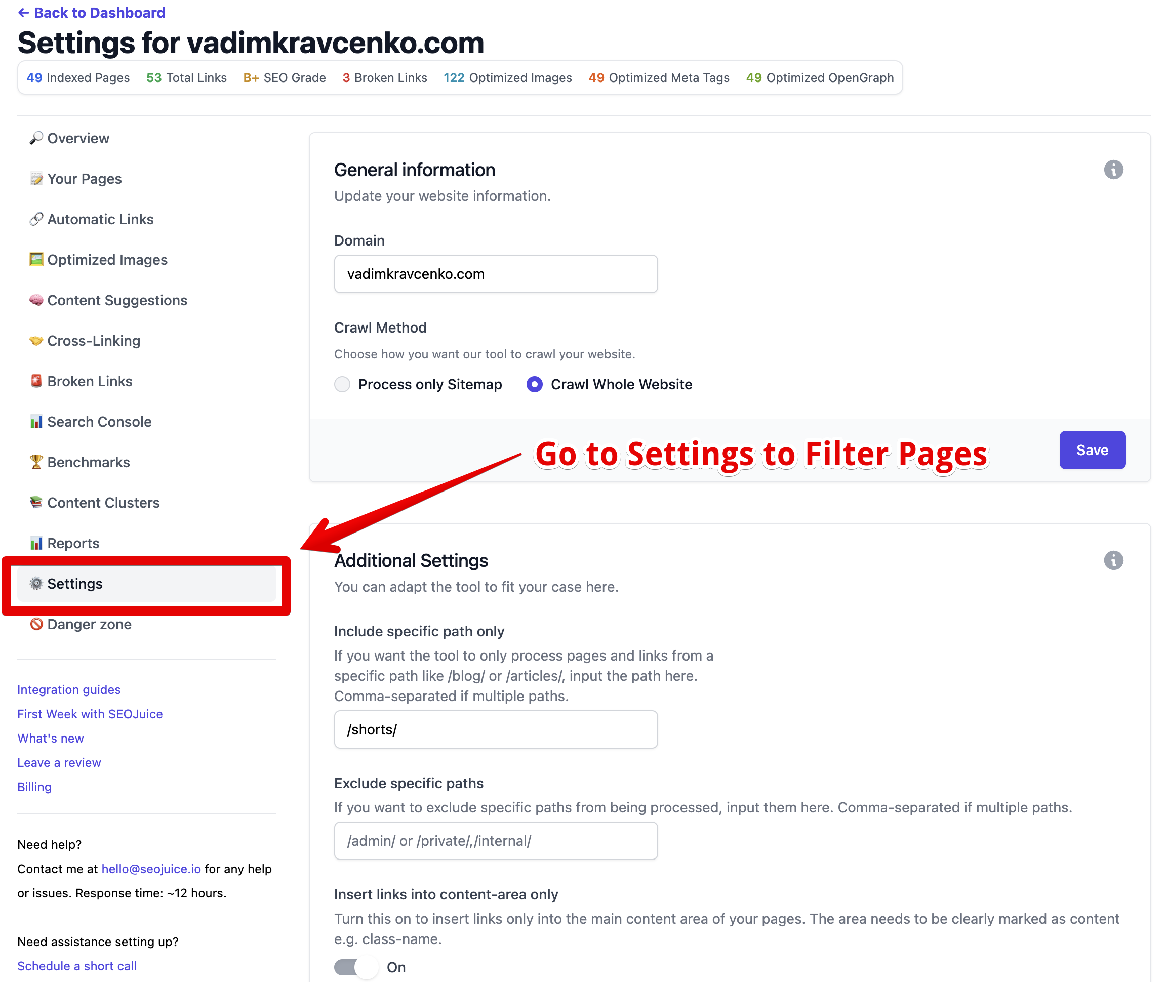 SEOJuice Include Only Paths setting in website configuration